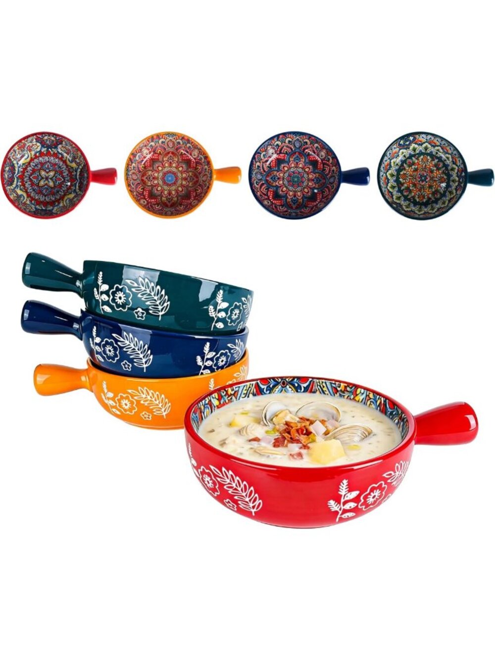 Set of 4 Bohemian Soup Bowls with Handles - 22oz French Onion Crocks